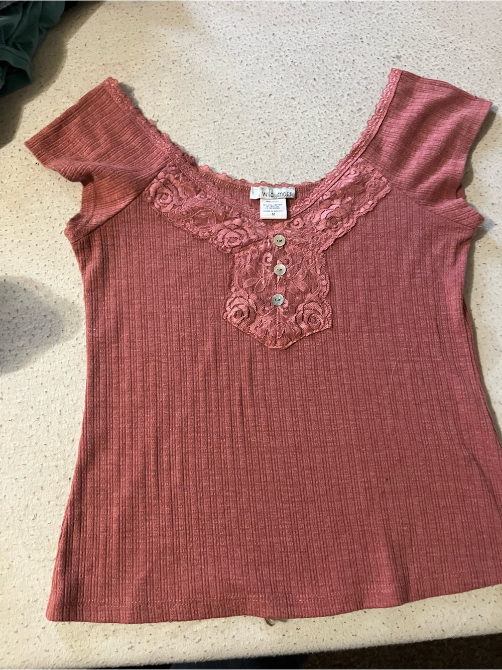Vintage Rose Lace-Trim Ribbed Cap Sleeve Top - Pink